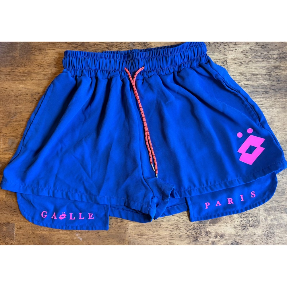 Gaelle Paris Womens Royal Blue Layered Athletic Running Shorts Neon Pink Logo